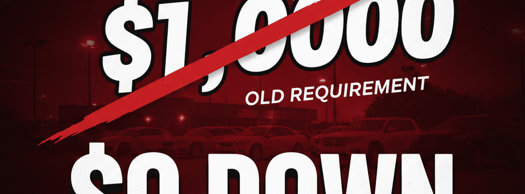 "BLACK FRIDAY SALE!" with a large "$0 DOWN" in the center, crossed out by a massive "$1,000" that is shown as the "old" requirement. At the bottom: "GET APPROVED. DRIVE TODAY. PAY NOTHING DOWN."