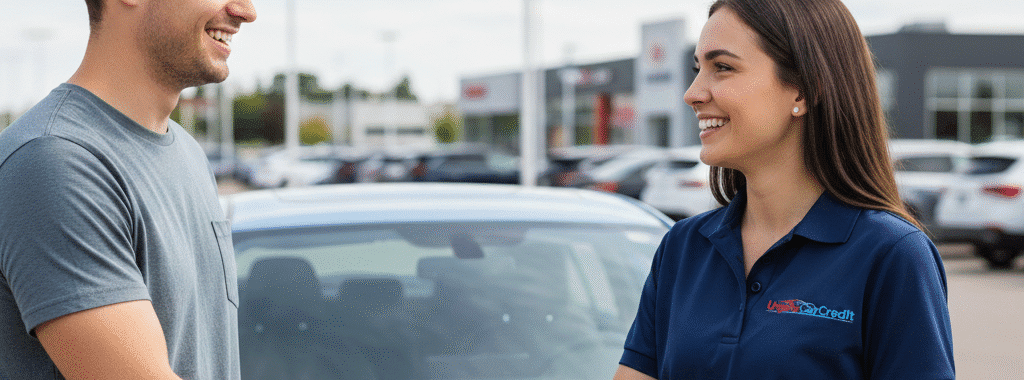 A happy customer shaking hands with a Urgent Car Credit representative with their new car