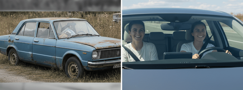 On the left, a blurry photo of an old, worn-out car with text: "Stuck. Stressed. Settling." On the right, a clear, bright photo of someone smiling in a reliable, clean car with text: "Free. Confident. Moving Forward.